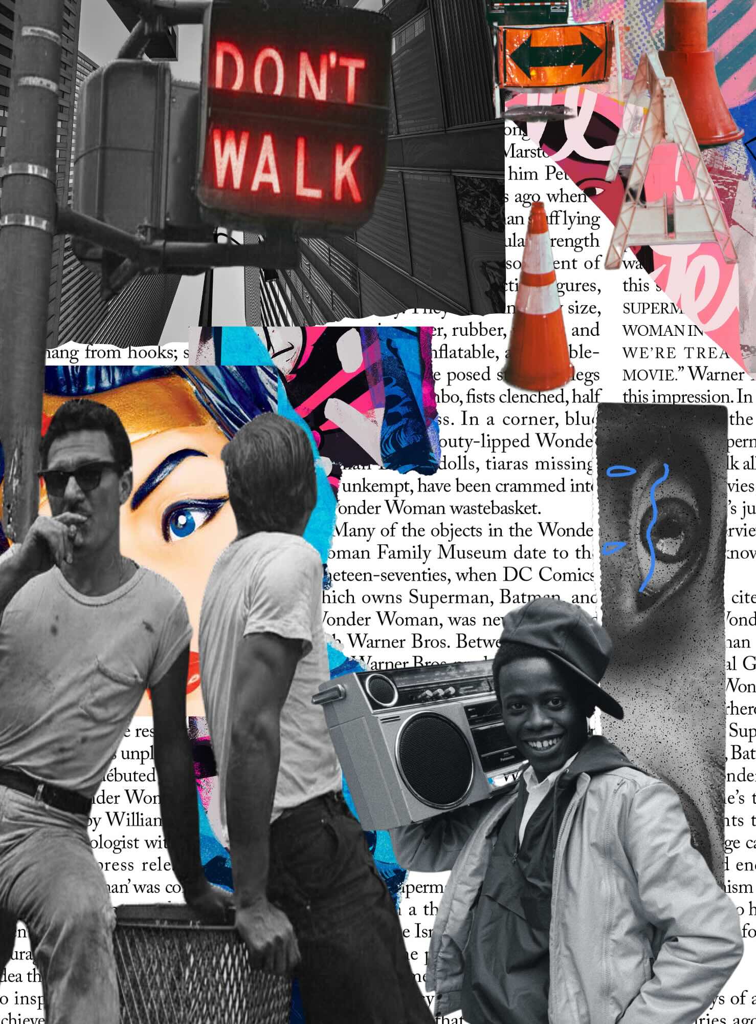 Editorial collage with urban signage, street elements and black-and-white figures.